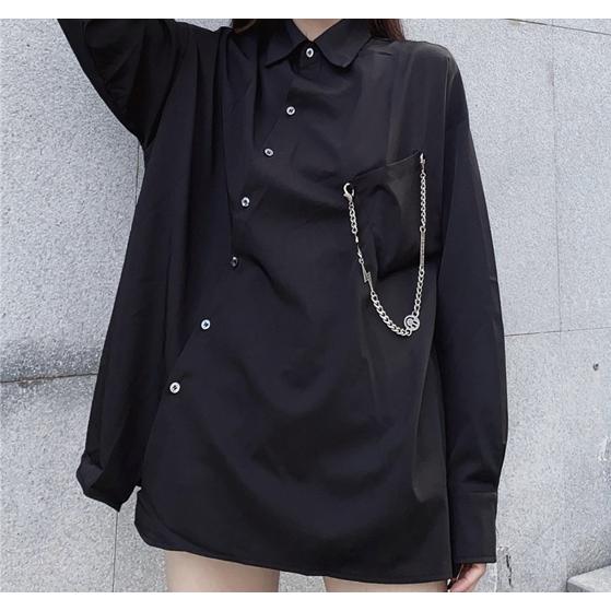 モード系 レディース アシンメトリー 韓国ファッション 黒 シャツ