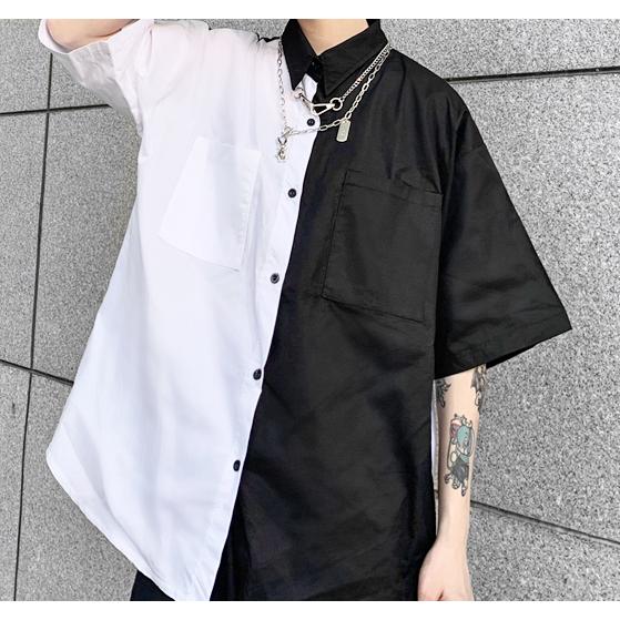 白黒 アシンメトリー 半袖 シャツ レディース トップス 個性的 : 毒