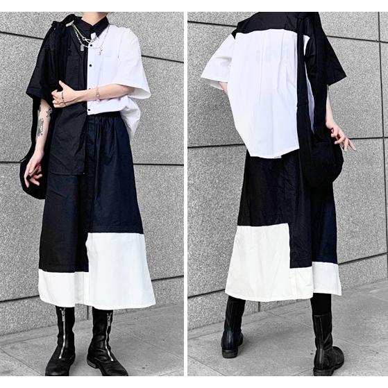 白黒 アシンメトリー 半袖 シャツ レディース トップス 個性的 : 毒