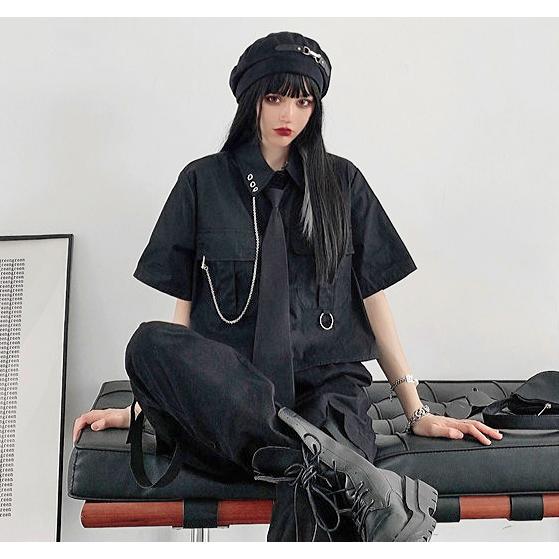 ネクタイ 半袖シャツ レディース 韓国ファッション 黒 ゴシック 個性的