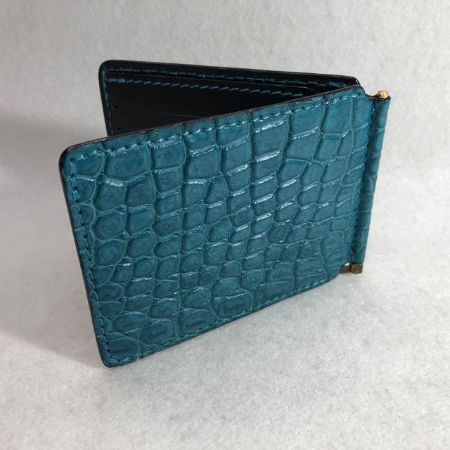 スモールクロコダイル マネークリップ 札バサミ 半艶ターコイズブルー