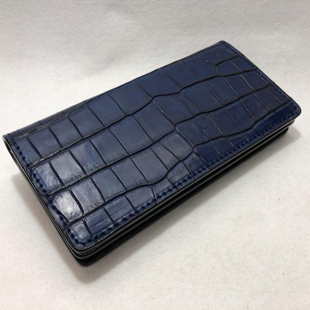 75 藍染め スモールクロコダイルレザー 長財布 ポロサス　ソルトウォータークロコダイルの画像