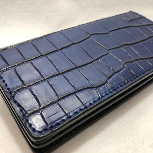 75 藍染め スモールクロコダイルレザー 長財布 ポロサス　ソルトウォータークロコダイルの画像