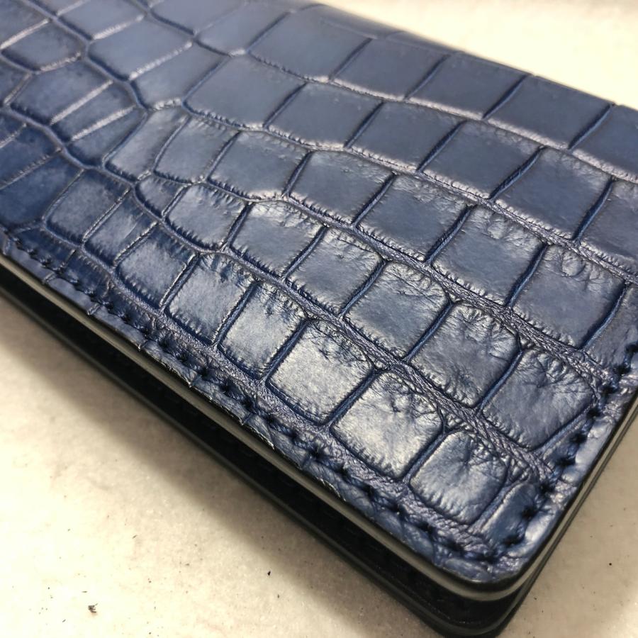 86-01 藍染めスモールクロコダイルレザー 長財布 肚クロコ1 ブラックベースの画像