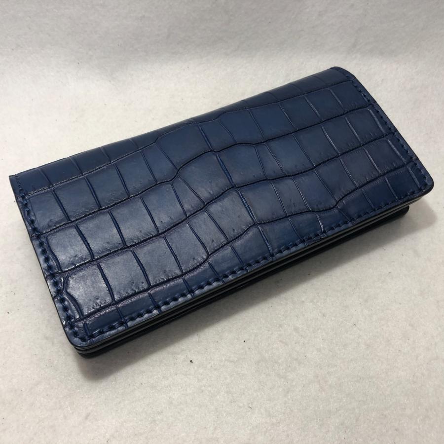 86-01 藍染めスモールクロコダイルレザー 長財布 肚クロコ1 ブラックベースの画像