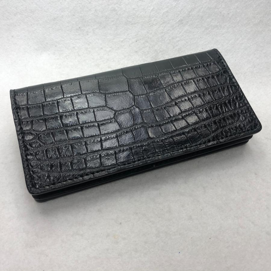 71 クロコダイルレザー長財布 肚クロコ1 通しマチ札入れ 半艶ブラックの画像