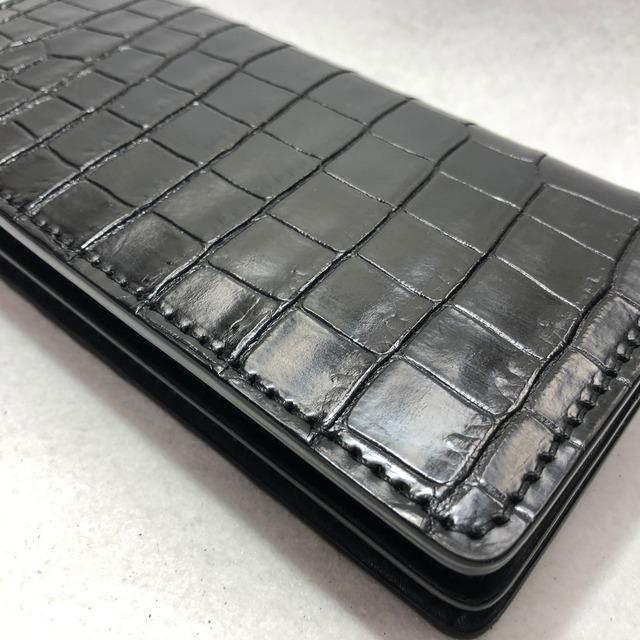 72 クロコダイルレザー長財布 肚クロコ2 通しマチ札入れ半艶ブラックの画像