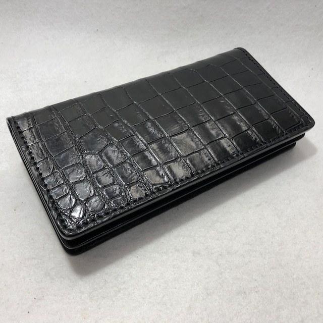 72 クロコダイルレザー長財布 肚クロコ2 通しマチ札入れ半艶ブラックの画像
