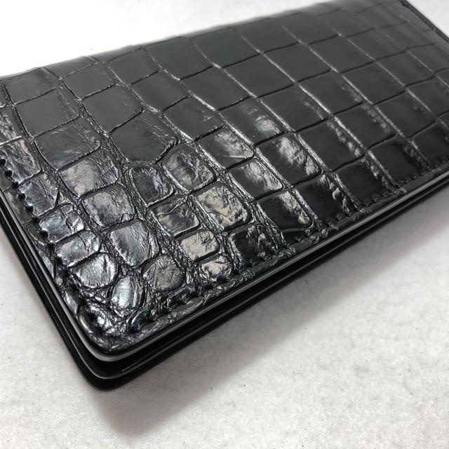 72 クロコダイルレザー長財布 肚クロコ2 通しマチ札入れ半艶ブラックの画像