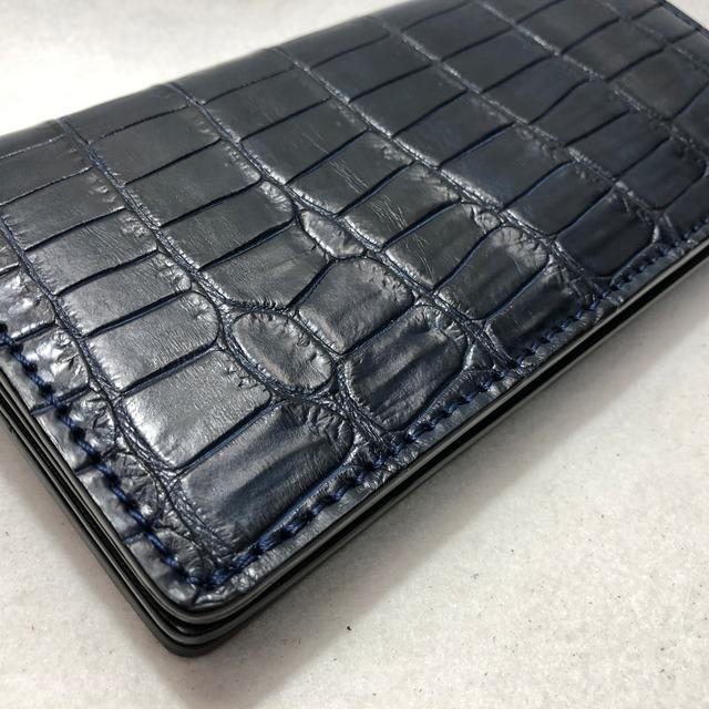 154 スモールクロコダイル長財布 ネイビー 肚クロコ 3 テール  鰐革 ワニ革 ポロサス クロコダイルの画像