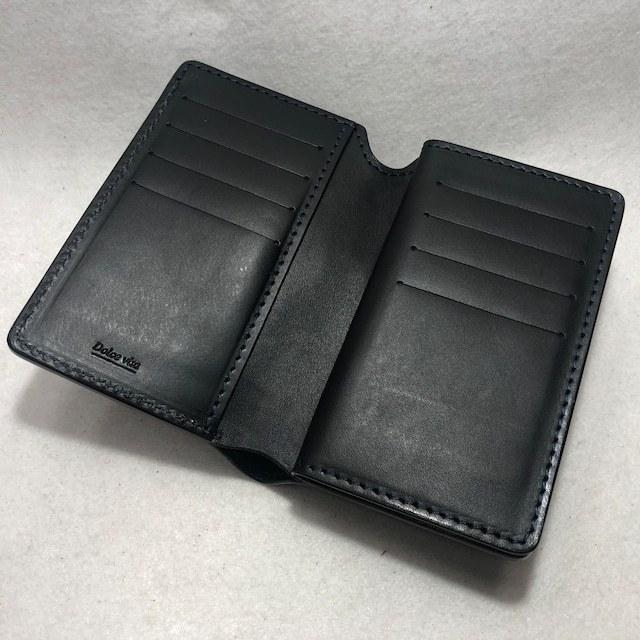 90 藍染め 肚クロコ 顎下 1 スモールクロコダイル折財布  ブラックベース ミドルサイズ ポロサス エキゾチックレザー 鰐革 ワニ革の画像