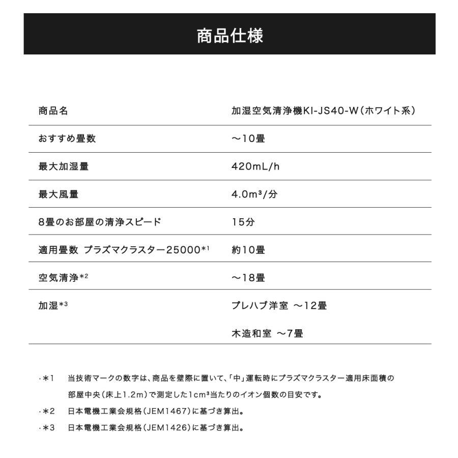 シャープ 空気清浄機 KI-JS40-W ホワイト 加湿機能付 [適用畳数：18畳