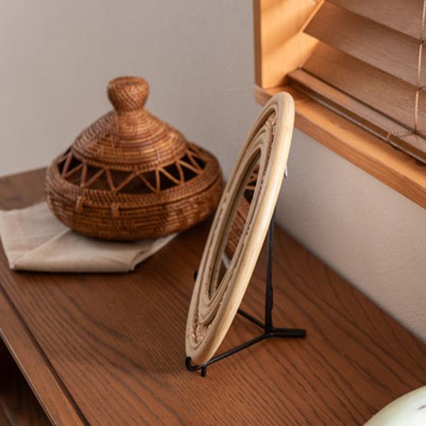 ラタン　籐　スタンドミラー ラタン ミラー 鏡 かがみ スタンドミラー 卓上ミラー 籐 丸型