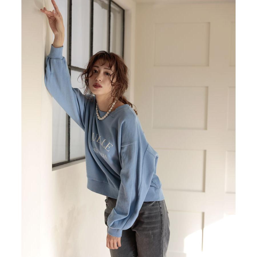 トップス レディース スウェット 裏毛 ショート丈 トレーナー ロゴ ロゴトレーナー 丸首 ボリューム袖 クルーネック プルオーバー 裏毛quelleスウェット Donoban 最安