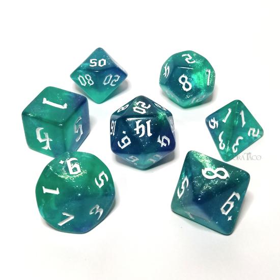 おしゃれ数字オーロラ【グリーン＆白】多面体ダイスセット : サイコロ