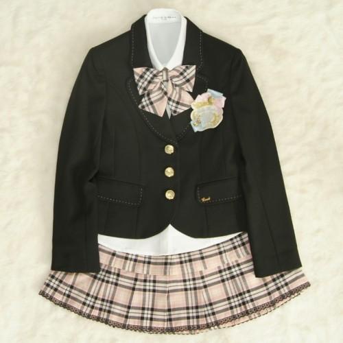 アウトレット　女児ジュニアフォーマルスーツ5点セット　黒　ゴールド三つ釦　黒ベージュピンクチェックスカート　１５０cm