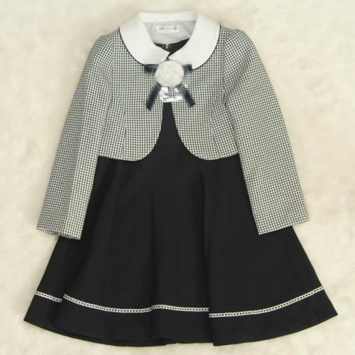 アウトレット　女児キッズフォーマルアンサンブル3点セット　110cm～130cm　千鳥格子ボレロ　紺地ジャンスカワンピタイプ