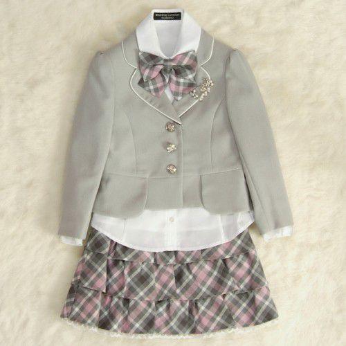 アウトレット　女児キッズフォーマルスーツ5点セット　グレー　三つ釦ジャケット　スーツタイプ　１２０cm　ミチコロンドンブランド 