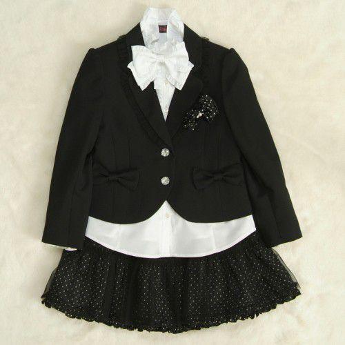 アウトレット　女児キッズフォーマルスーツ5点セット　黒　二つ釦　チュールレーススカート　スーツタイプ　１１５cm | 京美