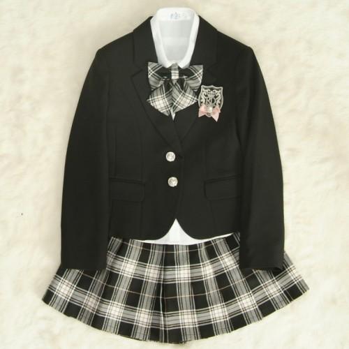 アウトレット　女児ジュニアフォーマルスーツ5点セット　黒　シルバー二つ釦　スカート黒ゴールド格子チェック　ウエスト総ゴム仕様　１４０cm 