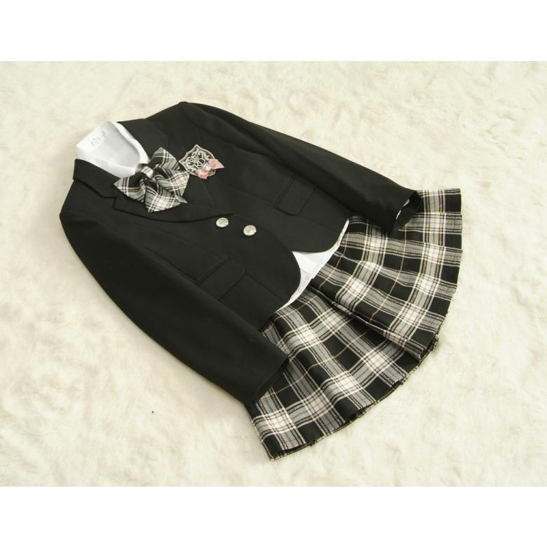アウトレット　女児ジュニアフォーマルスーツ5点セット　黒　シルバー二つ釦　スカート黒ゴールド格子チェック　ウエスト総ゴム仕様　１４０cm | 京美 | 01