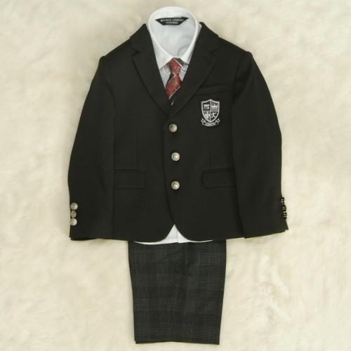 アウトレット　男の子スーツ５点セット　100cm～130cm　黒　シャツカラー白　三つ釦タイプ　チェックハーフパンツ　ミチコロンドン
