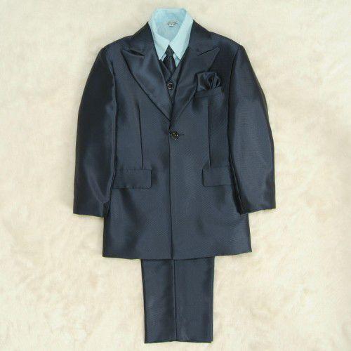 アウトレット　男児スーツ６点セット　ネイビー　シャツブルー　一つ釦ロングジャケット　ロングパンツ　マジックテープタイプベスト及びシャツ付　１２０cm 
