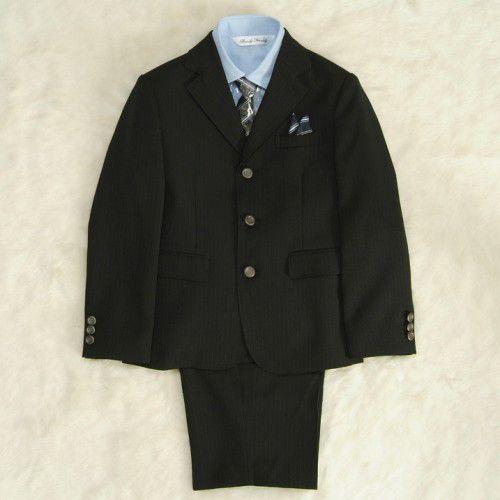 アウトレット　男の子スーツ５点セット　チャコールグレー　シャツカラーブルー　三つ釦タイプ　ハーフパンツセット　１３０cm 