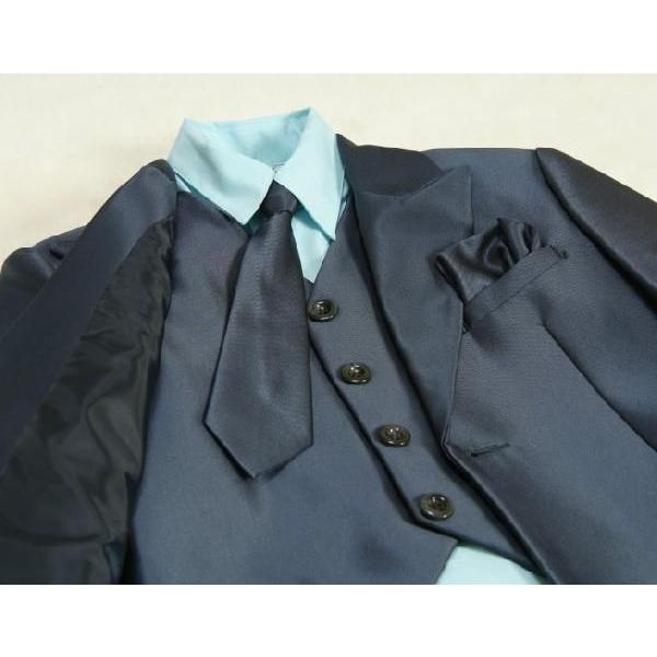 アウトレット　男児スーツ６点セット　ネイビー　シャツブルー　一つ釦ロングジャケット　ロングパンツ　マジックテープタイプベスト及びシャツ付　１２０cm | 京美 | 03