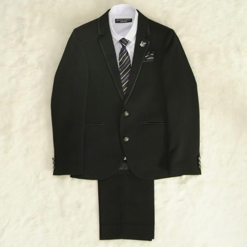 アウトレット　男の子ジュニアフォーマルスーツ５点セット　チャコール　パープルストライプシャツ　二つ釦　ロングパンツタイプ　１６０cm　ミチコロンドン