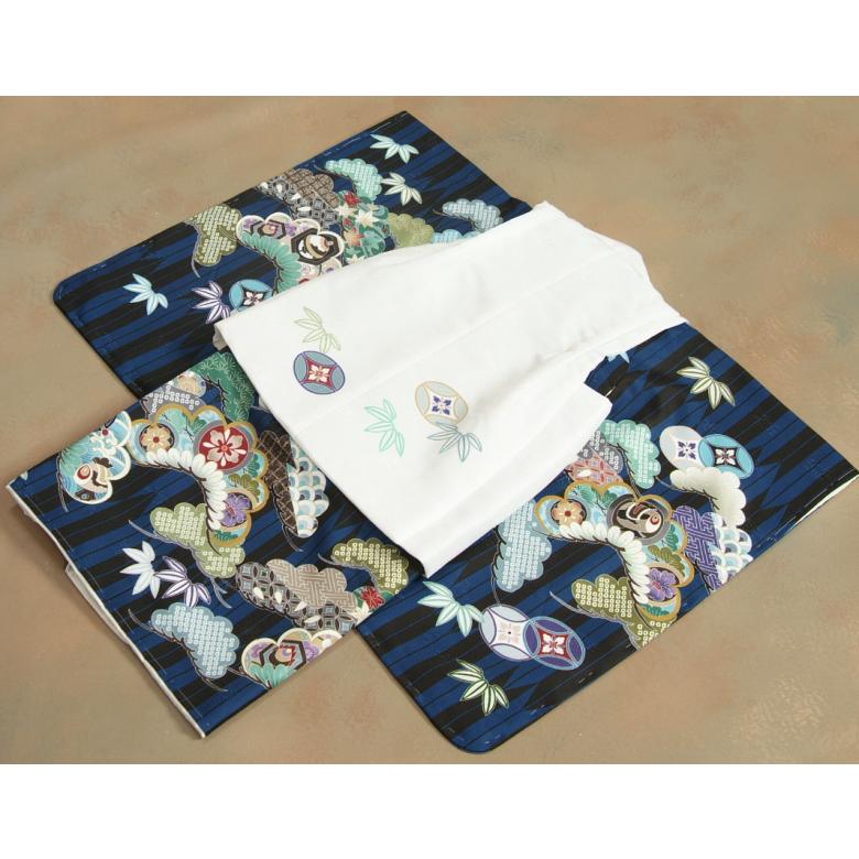 七五三 男の子 3歳 被布着物セット 青紺地 矢絣 絵羽柄 被布白色 白半襟に足袋付きセット 日本製 | 京美 | 08