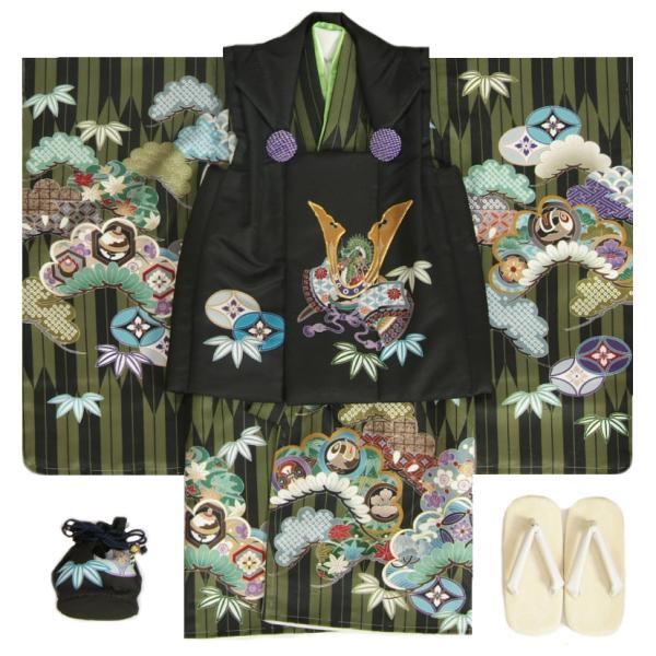 七五三 男の子 3歳 被布着物セット 濃緑黒地 矢絣 絵羽柄 被布黒色 白半襟に足袋付きセット 日本製