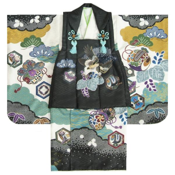 七五三 男の子 3歳 被布着物セット 白地 三色雲取配色 絵羽柄 被布黒色 足袋付きセット