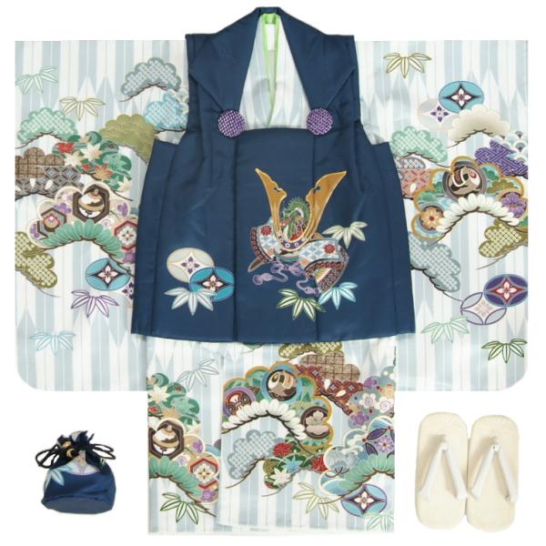 七五三 男の子 3歳 被布着物セット 白地シルバーグレー矢絣 絵羽柄 被布紺色 白半襟に足袋付きセット 日本製