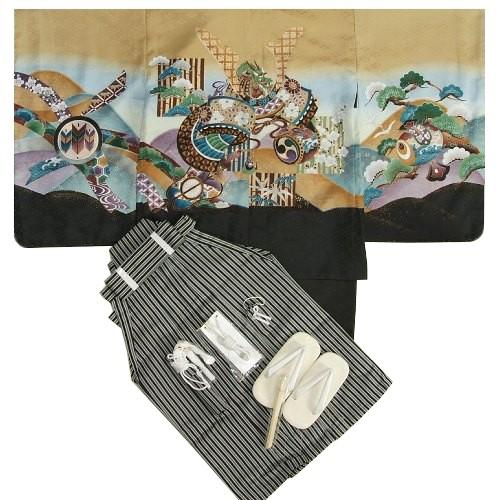 七五三 着物 男の子 5歳 男児袴セット 兜 黒地 松竹梅 巻物 ベージュ亀甲紋袴 五歳用 12点セット 足袋付きセット