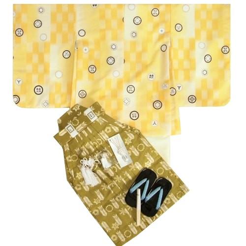 七五三男児着物袴セット　式部浪漫　濃淡黄色市松羽織　黄色地着物　金襴緑紋袴　５歳用　１２点セット　足袋付きセット