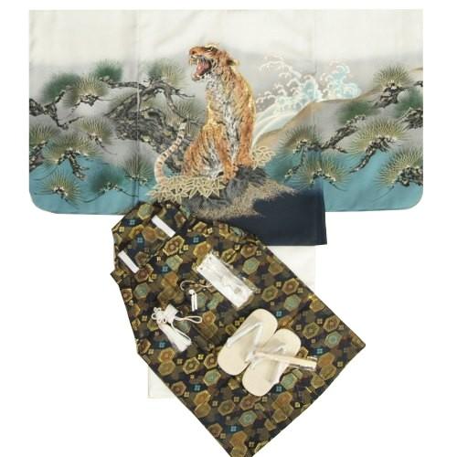 七五三 男児 着物袴セット 虎 白地羽織着物 金糸刺繍使い 濃紺紋袴 ５歳用 12点セット 足袋付きセット