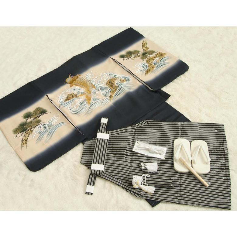 七五三 5歳 正絹 着物袴セット 総刺繍昇り鯉紺地正絹羽織着物 手描き 黒縞正絹袴 12点セット 足袋付きセット 日本製 | 京美 | 01