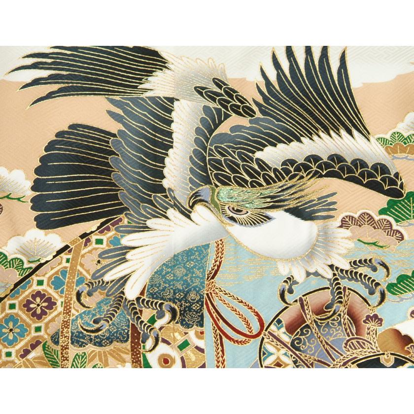 七五三 5歳 男の子 正絹 着物袴セット 男児 白地 鷹 几帳 金糸刺繍使い 黒縞正絹袴 地紋生地 １２点セット 足袋付きセット 日本製 | 京美 | 02