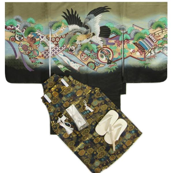 七五三 五歳 羽織袴 フルコーディネートセット 濃紺地に鷹とのし 足袋付 七五三 着物 5歳 羽織袴セット 男の子 10点フルセット 着付け