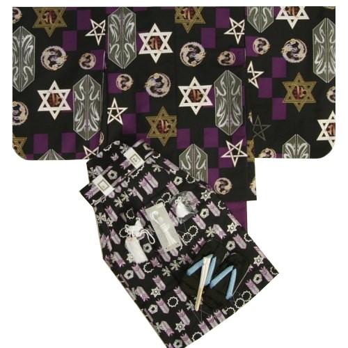 七五三 着物 5歳 男の子 男児着物袴セット 式部浪漫 黒地羽織 星 紫色地着物 黒銀矢羽紋袴 12点セット 足袋付きセット | 京美