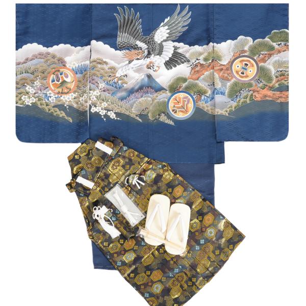 七五三 着物 男の子 5歳 羽織着物紋袴セット 鷹 富士山 紺地羽織着物 濃紺紋袴 １２点セット 足袋付きセット