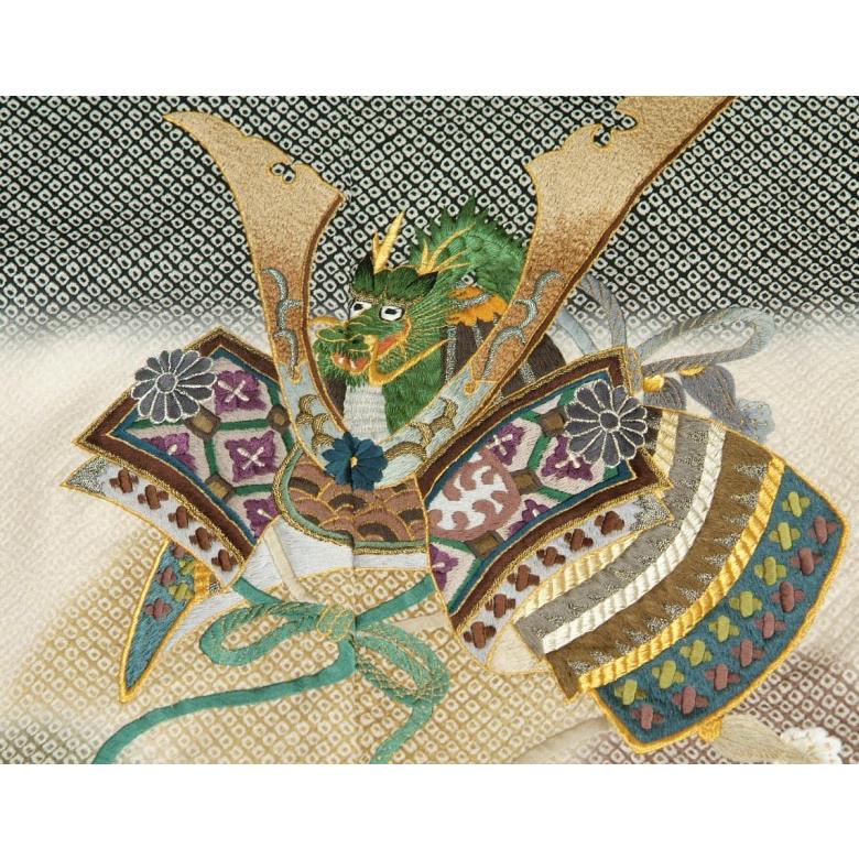 七五三 着物 5歳 男の子 正絹 着物袴セット 総刺繍兜 黒地総疋田羽織 黒色地着物 正絹黒縞袴 12点セット 日本製 | 京美 | 02