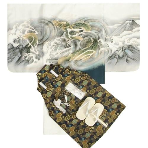 七五三 男の子 5歳 男児着物袴セット 白地羽織 白地着物 龍 金糸刺繍使い 濃紺紋袴 １２点セット 足袋付きセット