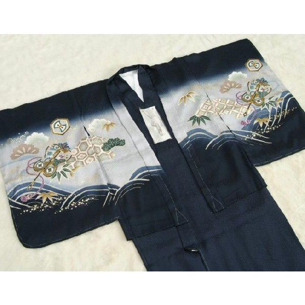 七五三 5歳 男の子 正絹 着物袴セット 紺地シルバー染め分け 鷹 金糸刺繍使い 黒縞正絹袴 サヤ地紋生地 12点セット 足袋付きセット 日本製 | 京美 | 03