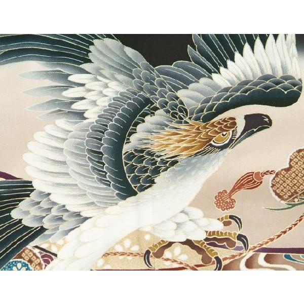 七五三 5歳 男の子 正絹 羽織単品 鷹 黒ベージュぼかし染め 金彩使い 変わり無地精華生地 日本製 | 京美 | 02