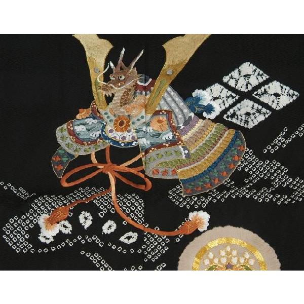 七五三 5歳 男の子 正絹 羽織単品 総刺繍兜 黒 手本絞り 金駒刺繍 丈長 サヤ地紋 日本製 | 京美 | 02