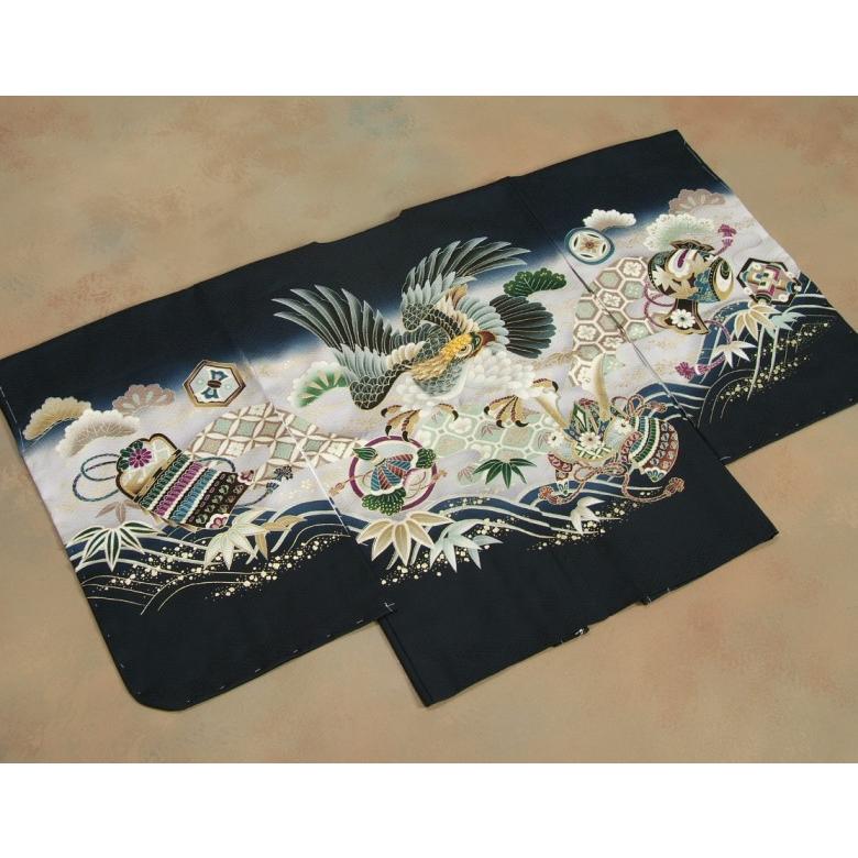 七五三 5歳 男の子 正絹 羽織単品 鷹に兜 紺地シルバー染め分け 刺繍使い 金彩 サヤ地紋 日本製 | 京美 | 01