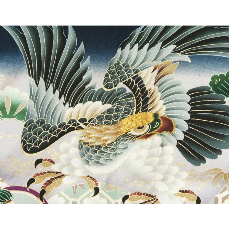 七五三 5歳 男の子 正絹 羽織単品 鷹に兜 紺地シルバー染め分け 刺繍使い 金彩 サヤ地紋 日本製 | 京美 | 02