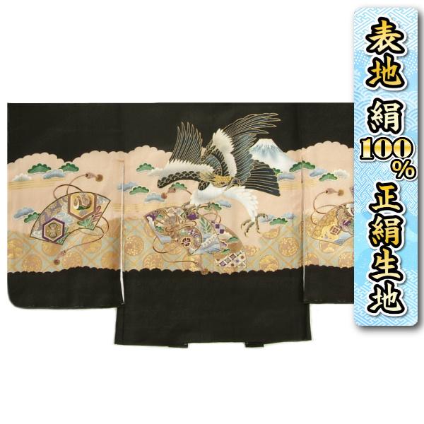 七五三 5歳 男の子 正絹 羽織単品 黒色 鷹 富士山 扇面松 金糸刺繍使い 紗綾地紋生地 日本製